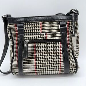 CHAPS Crossbody Bag Black & White Houndstooth Black Leather Trim Y2K Classic